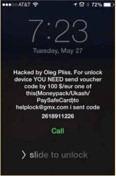 Schermafbeelding van het losgeldbericht van Oleg Pliss op het vergrendelingsscherm van een iPhone.