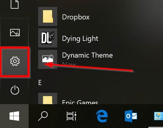 The settings tab in the Windows start menu