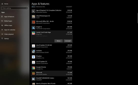 Der Bildschirm mit den Einstellungen für Windows 10-Apps und -Funktionen