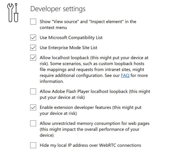 Microsoft Edge developer settings screen