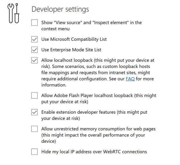 Microsoft Edge-Bildschirm "Entwicklereinstellungen"