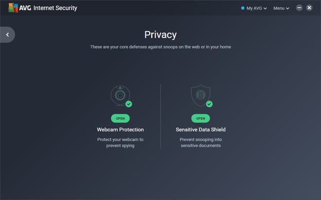 Screenshot of the Sensitive Data Shield screen in AVG Internet Security