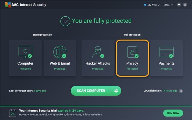 Screenshot des Hauptbildschirms von AVG Internet Security mit hervorgehobenem Menü „Privatsphäre“