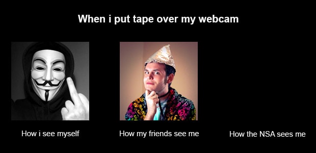 Imagen cómica de cómo me veo yo mismo y cómo me ven mis amigos y mi jefe cuando pongo cinta sobre la <i>webcam</i>