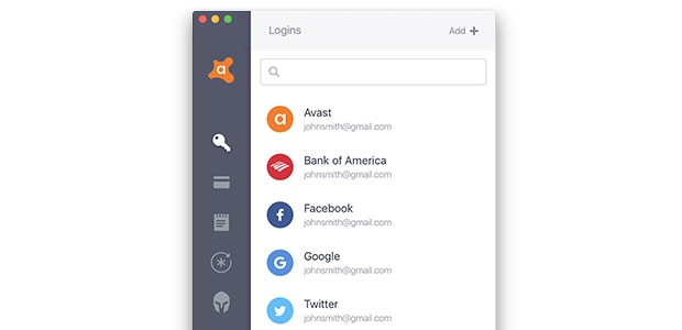 Interface do usuário do Avast Passwords para Mac