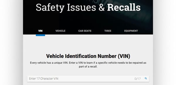 A screenshot of the the National Highway Traffic Safety Administration (NHTSA) recall page.