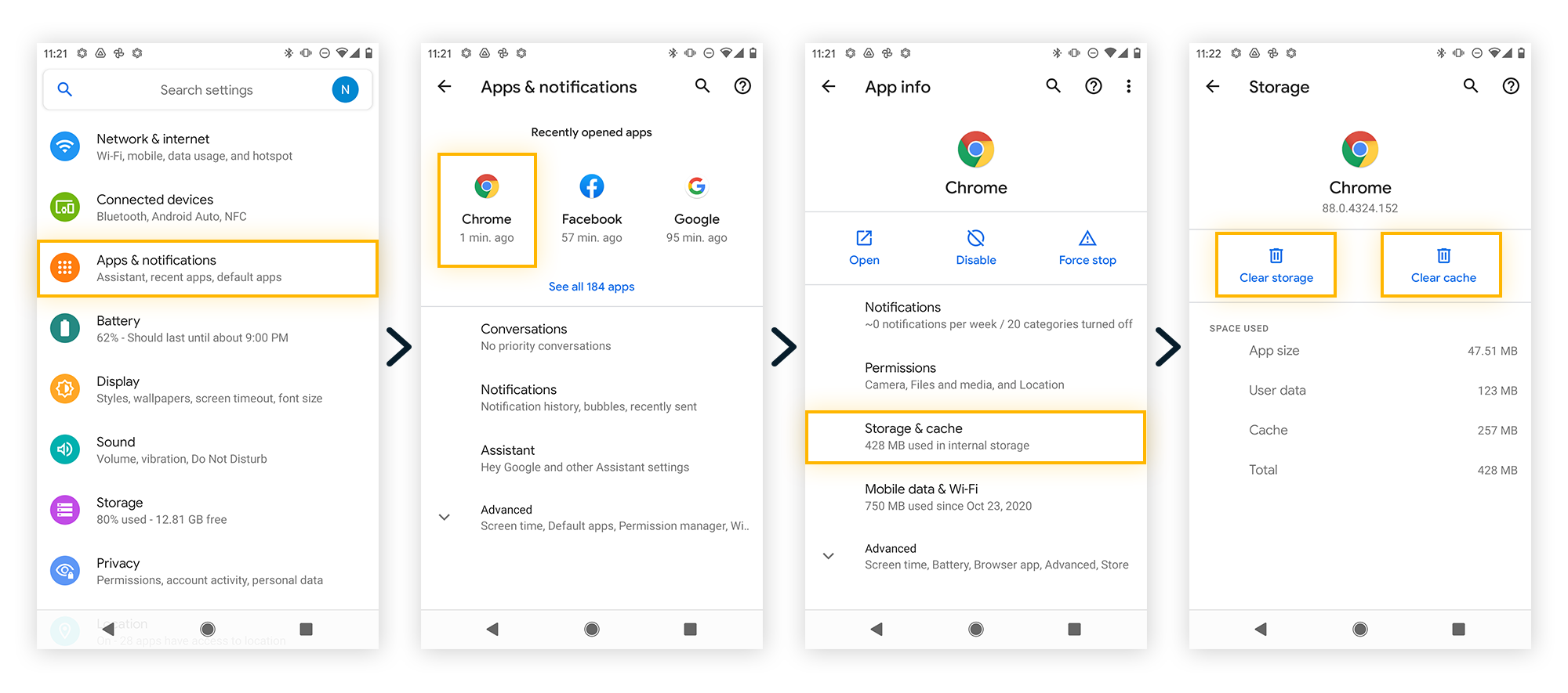 De opslag van Google Chrome wissen om Android-malware te verwijderen.
