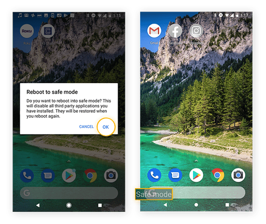Reiniciando no Modo Seguro no Android 11 para ajudar a detectar apps maliciosos.
