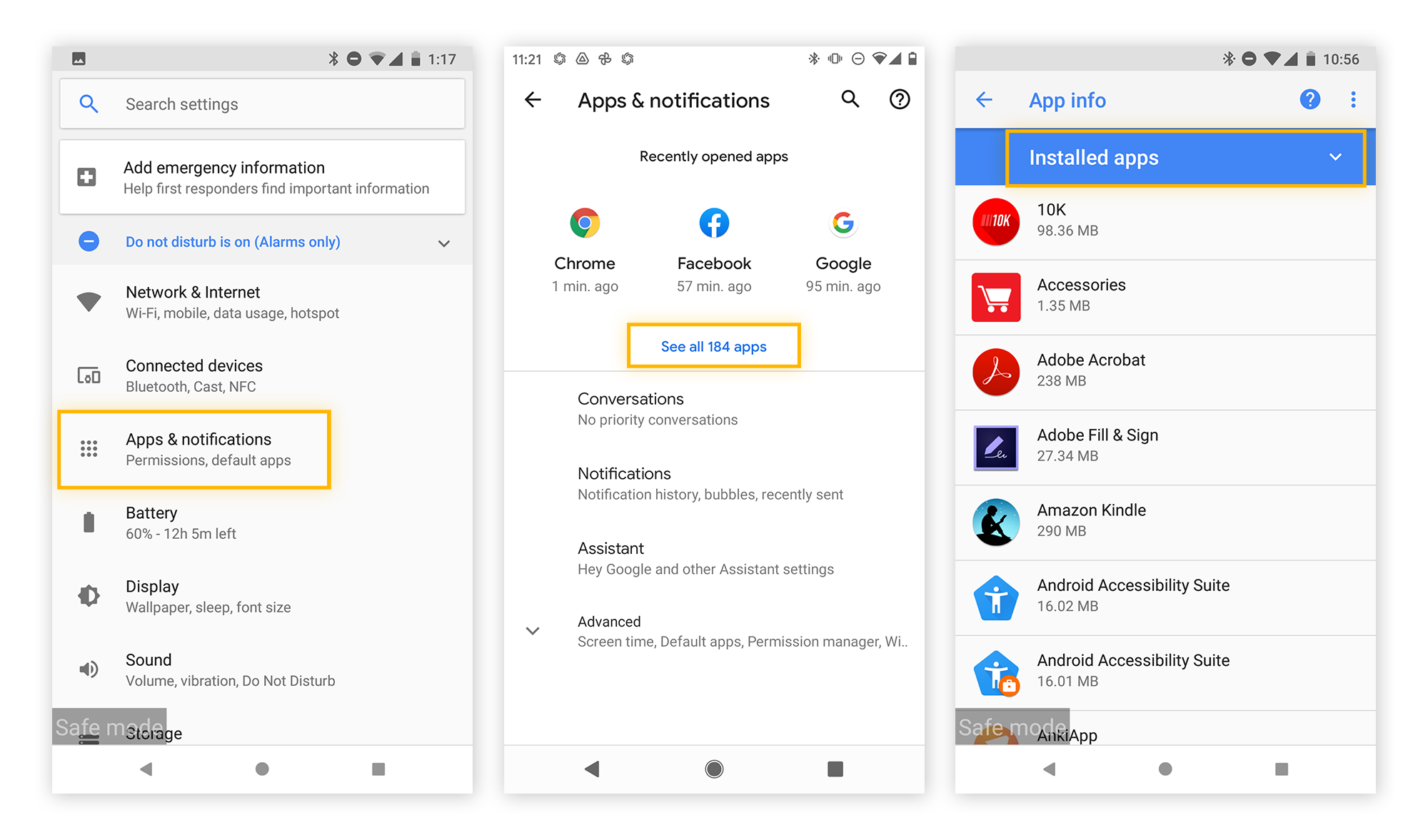 Anzeigen der Einstellungen und dann der installierten Apps, um gefälschte Apps in Android 11 zu suchen.