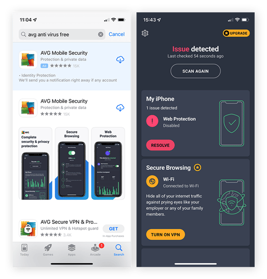 Downloading free AVG Mobile Security for iPhone or iPad via the App Store in order to run an antivirus scan.