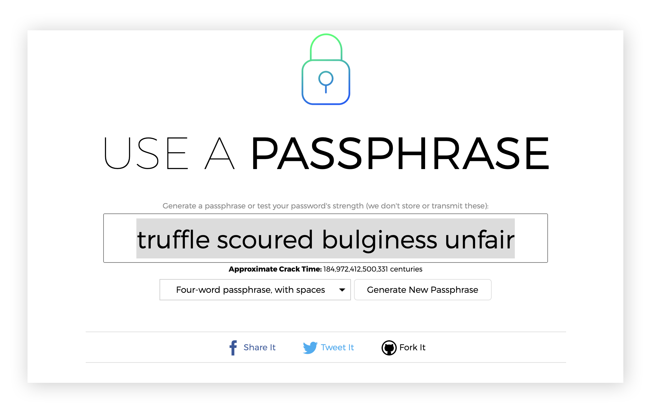 Creating a passphrase with the Use A Passphrase website.