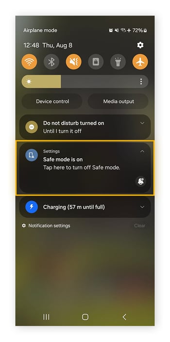 Turning Android safe mode off via the notification panel.