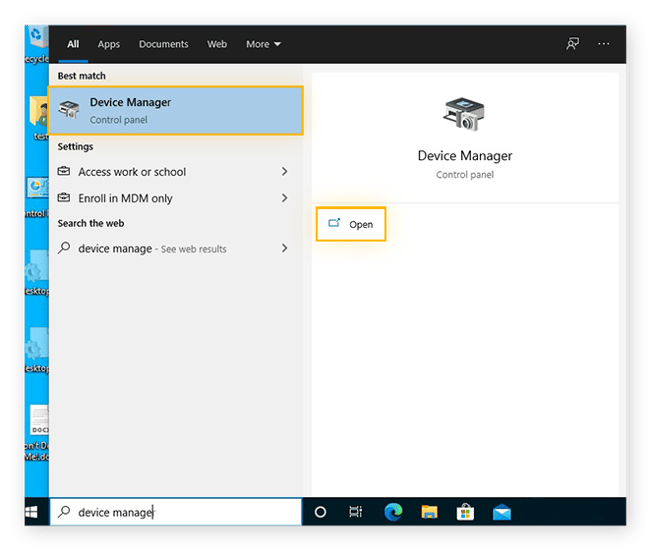 Ricerca di Gestione dispositivi nel menu Windows in Windows 10
