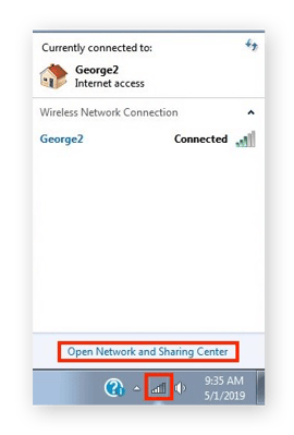 Step 1 of finding your local IP on Windows 7 is to click "Open Network and Sharing Center".