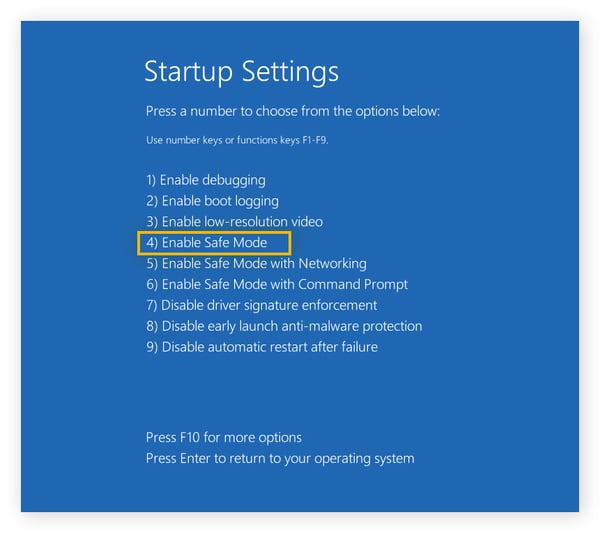Selecting option 4 in Startup Settings on PC, which will restart Windows in Safe Mode.
