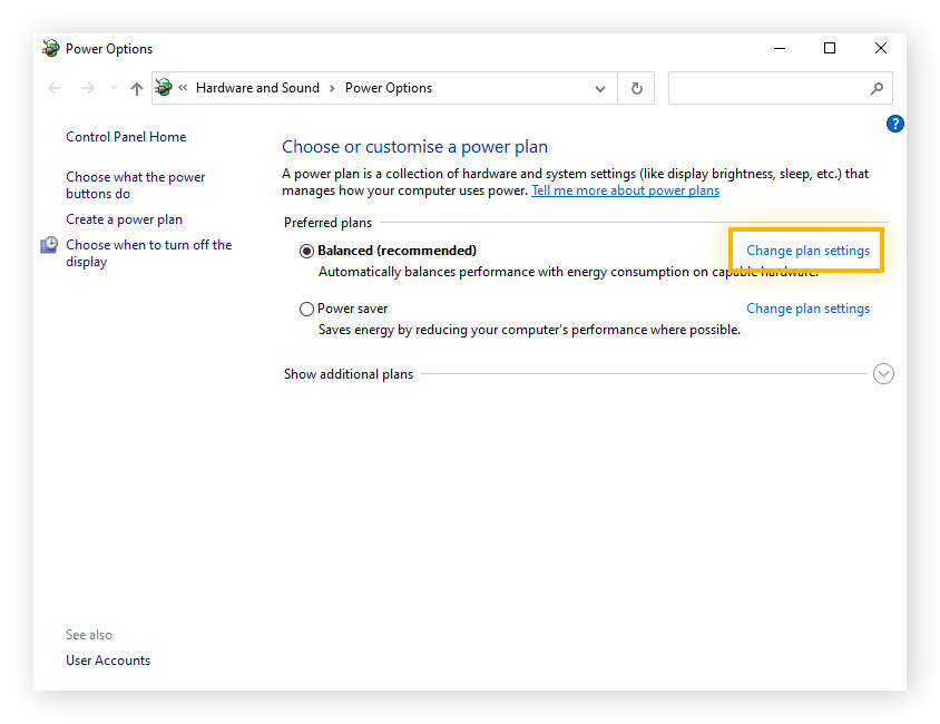Changing plan settings in the Power Options on Windows.