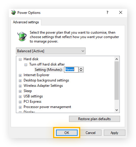 Confirming your updated power plan settings in Windows.