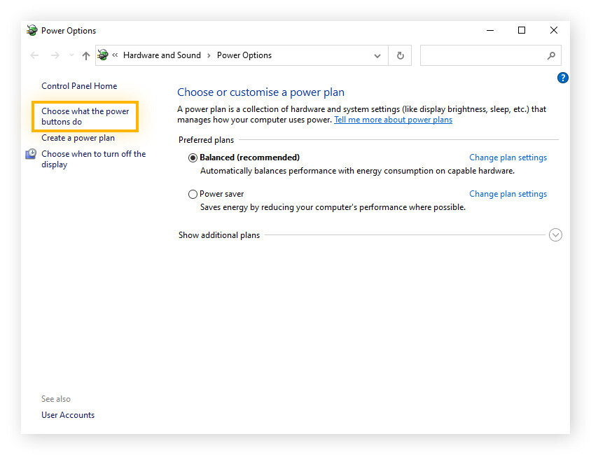 Opening the Fast Startup setting to disable it.
