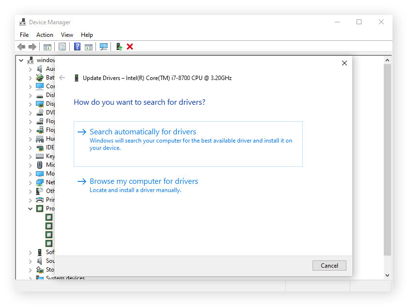 Searching for updated drivers on a Windows PC.