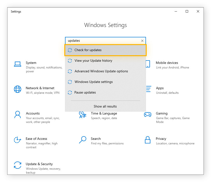 Checking for Windows Updates in the settings.