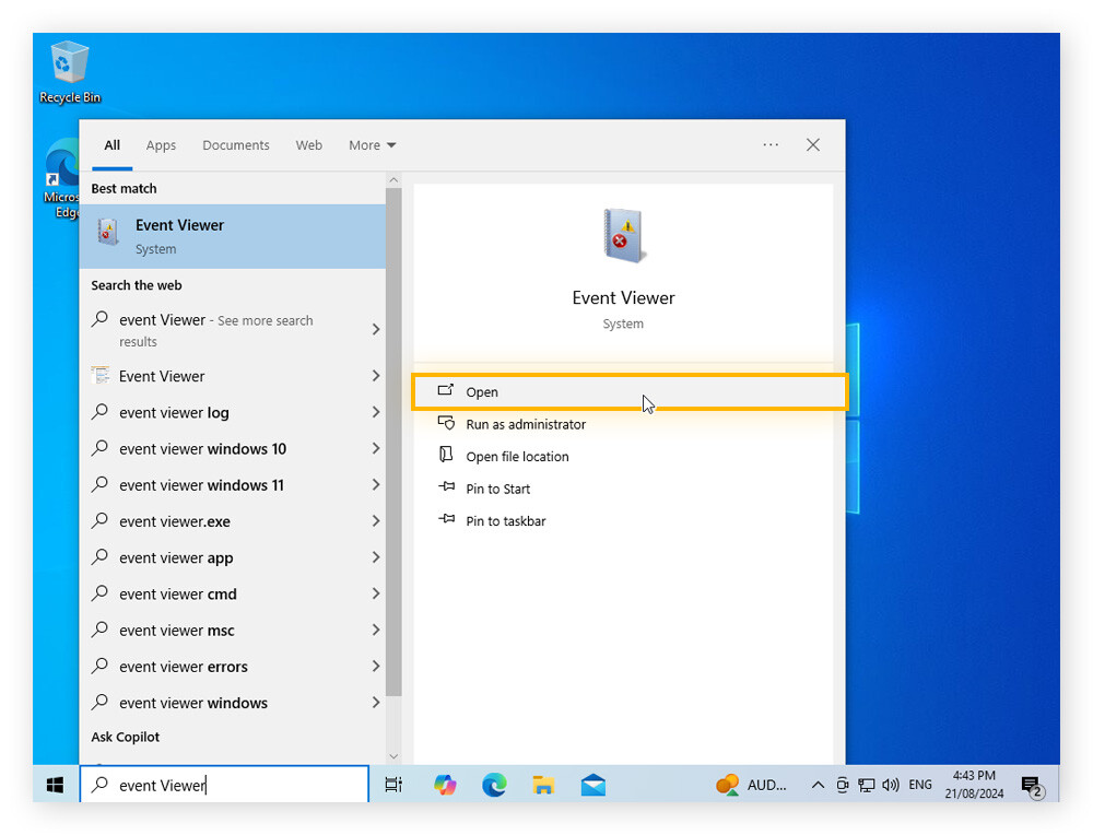 Opening Windows Start menu > Event Viewer after a restart.