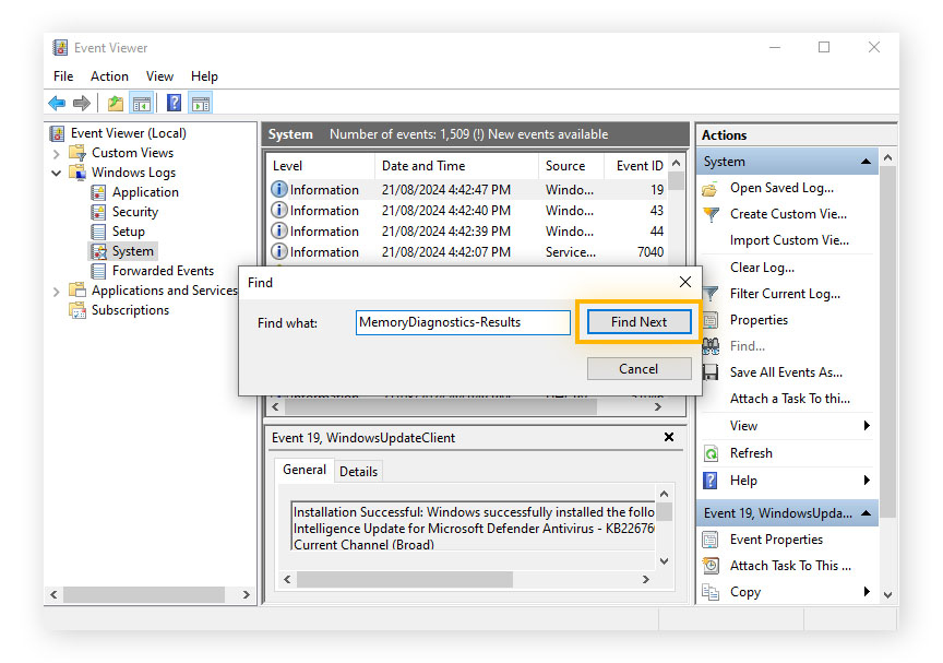 Checking the results of a RAM test in Event Viewer on Windows.