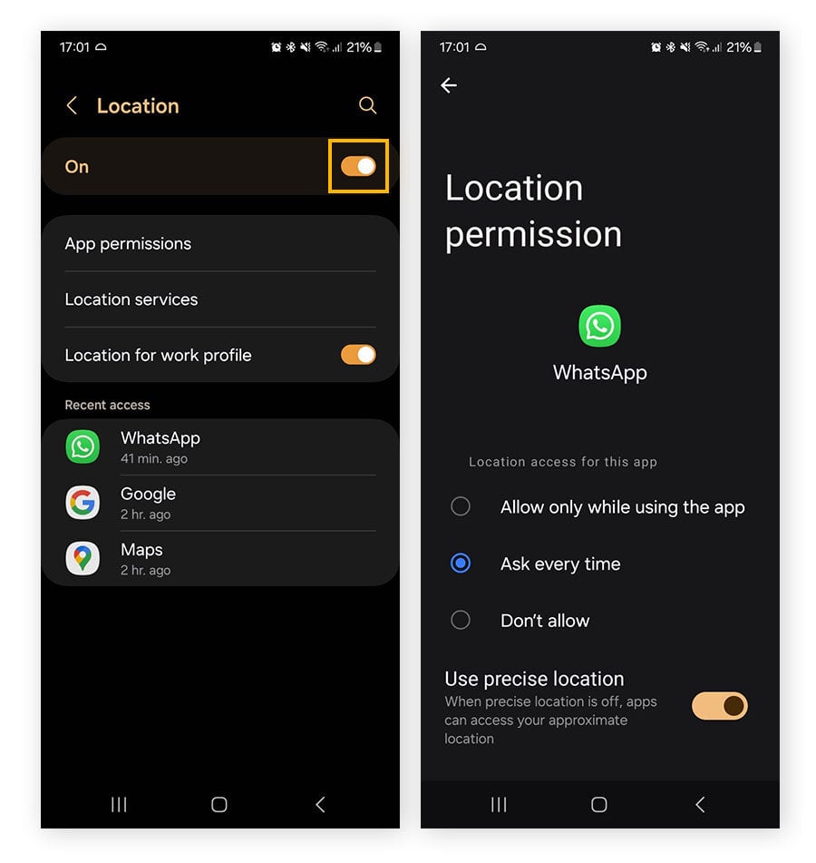 Blocking location tracking via Android settings.
