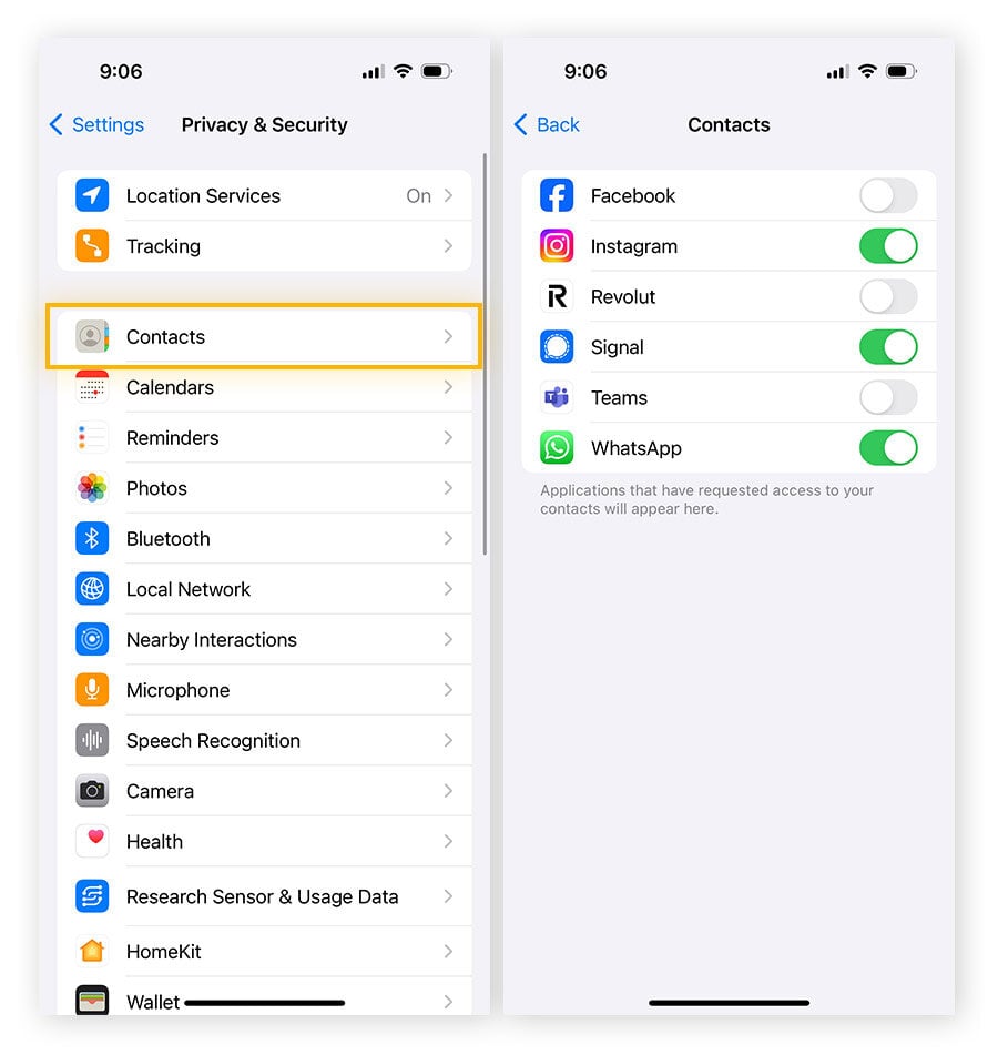 Opening Privacy & Security settings on iOS to manage app permissions.