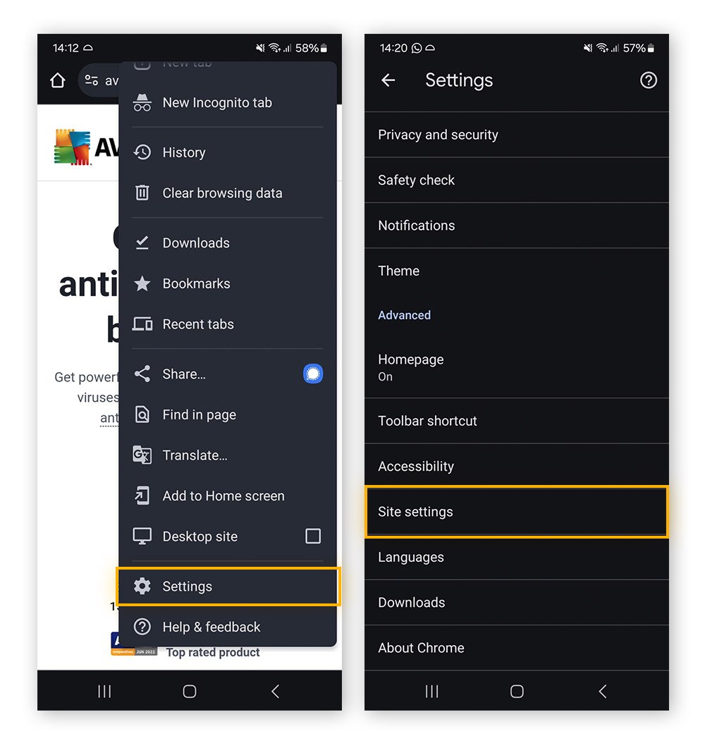 Opening Site settings to stop pop-ups in Chrome for Android.