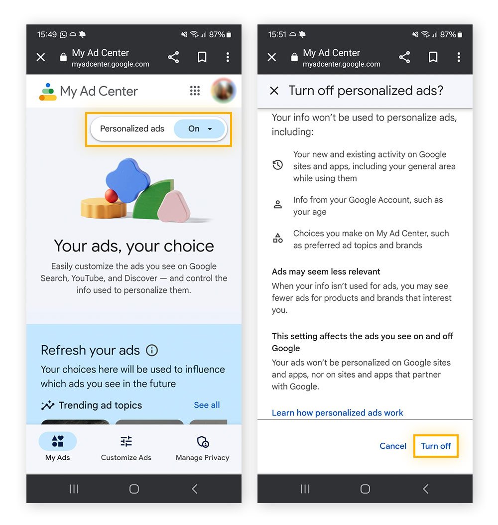 Turning off personalized ads via My Ad Center in Chrome for Android.