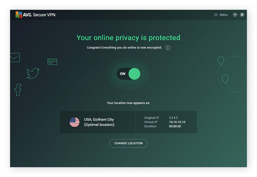 The AVG Secure VPN dashboard showing that a secure connection has been established.