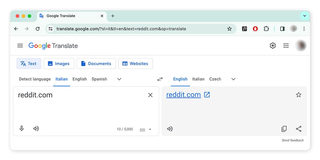 Copying a URL into Google Translate to bypass a website restriction.