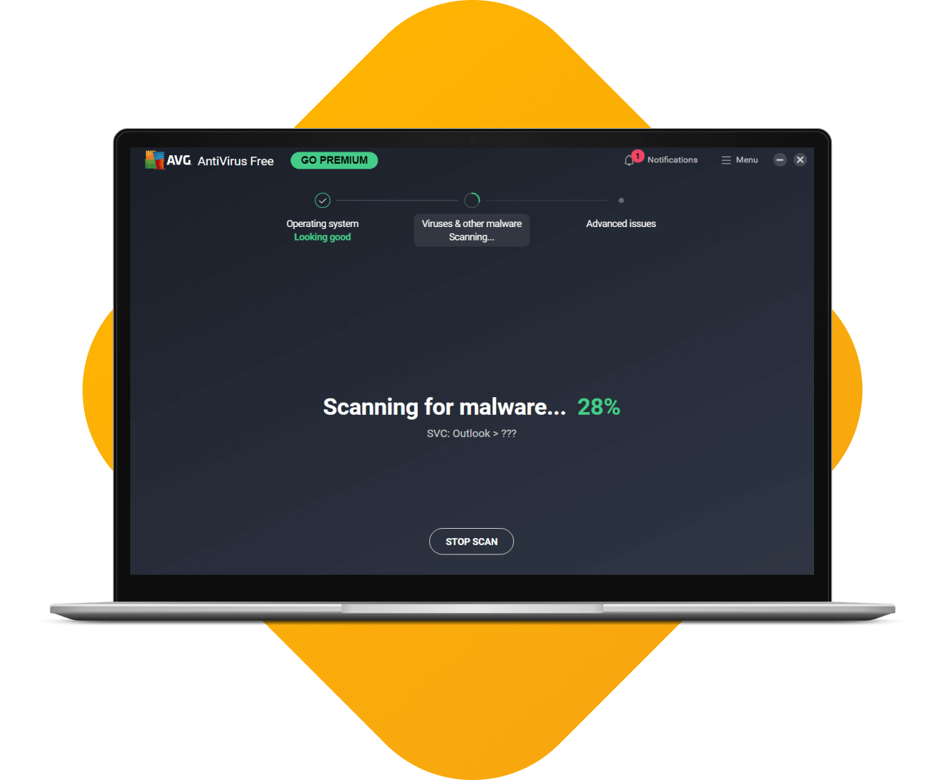 The AVG AntiVirus FREE desktop interface displaying a malware scan in progress.