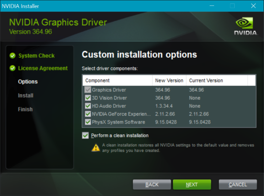 Opções de instalação personalizada do driver de vídeo da NVIDIA